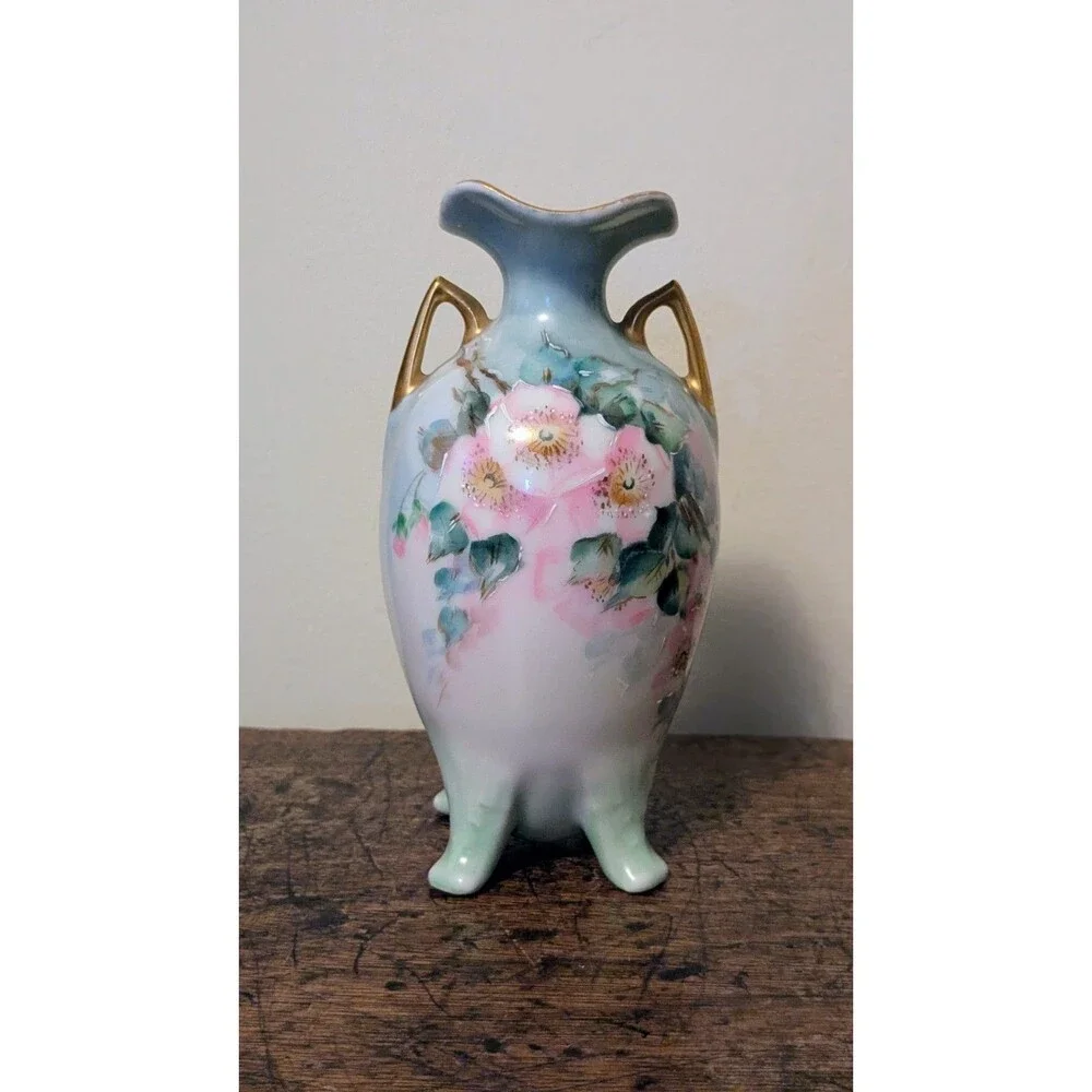 Antique Hand Painted Porcelain Footed Vase - Pink Wild Roses & Gold Gilt 6